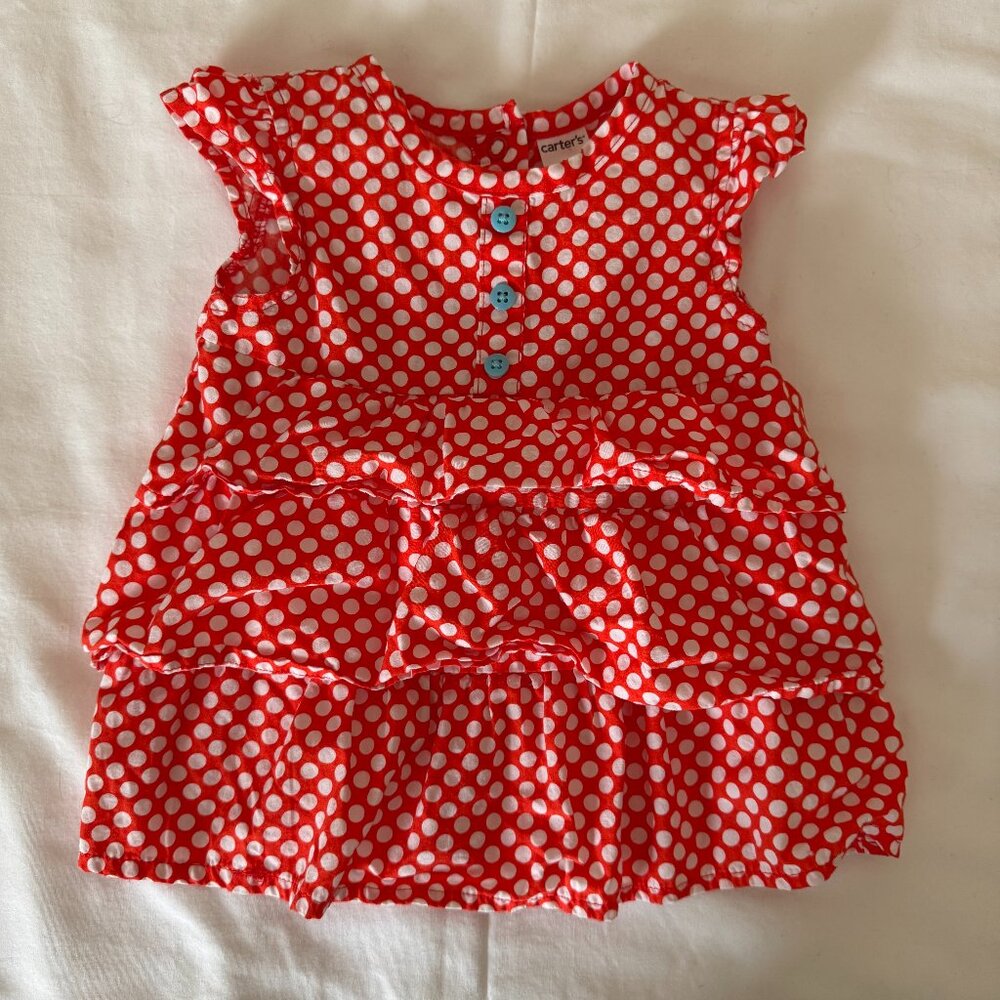 Carter's girls 12 months red/orange & white short sleeve ruffle dress